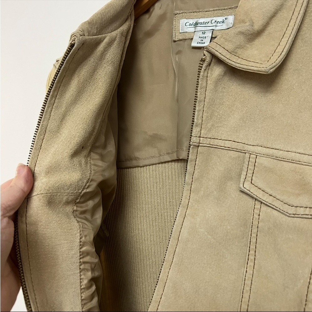 Cold water Creek Tan Genuine Suede Leather Jacket Ribbed Sleeves Beige US 12 - Picture 6 of 8